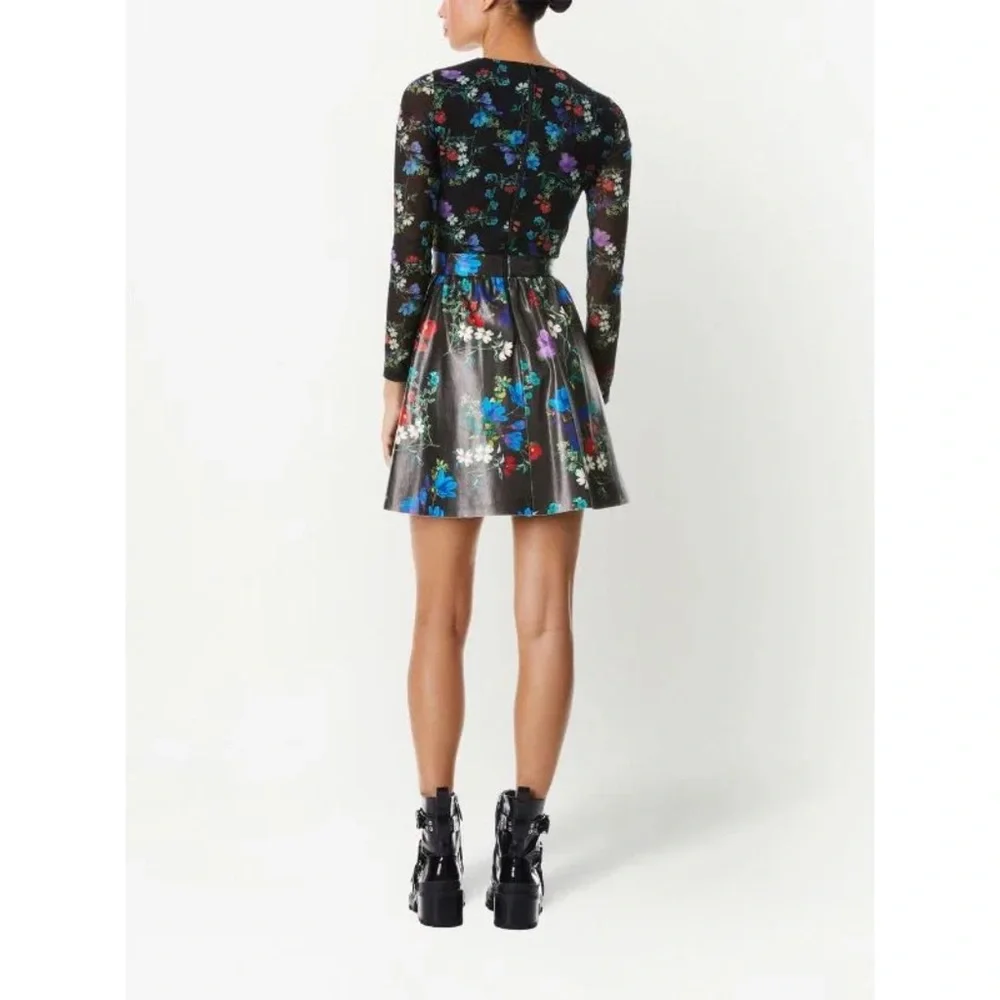 Alice + Olivia Faux Leather Mesh Long Sleeve Black Floral Mini Dress NWT Blooms - Picture 2 of 8